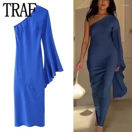Casual Dresses Asymmetric Long Dress Women Blue Midi Backless Woman Off Shoulder Sleeve Evening Elegant Party