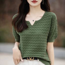 Summer Short sleeved Womens Vneck Solid Colour 100% Cotton Pullover Tshirt Knitted Loose Fashion Top 240523