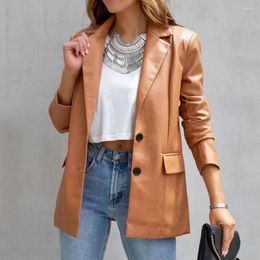 Women's Jackets Faux Leather Women Blazer Single-breasted Buttons Long Sleeves Lady Spring Coat Windproof Lapel Pockets Winter