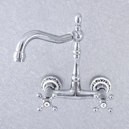 Kitchen Faucets Polished Chrome Brass Ceramic Base Wall Mounted Bathroom Sink Faucet Swivel Spout Mixer Tap Dual Cross Handles Msf788