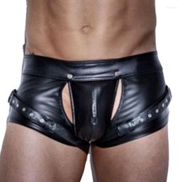 Underpants Plus Size Sexy Men Boxers Open Crotch Faux Leather Lingerie Stage U Convex Pouch Black Shorts Underwear Hombre