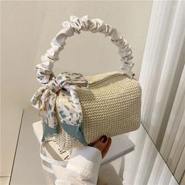 Evening Bags Fashion Shoulder Bag Women Gentle Silk Scarf Pleated Handbag 2024 Summer Travel Straw Woven Crossbody