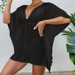 Women Bathing Suit Cover Ups Summer Solid Oversized Swimwear Blouse Fashion Sheer Chiffon Lace Up Beach Dress Bikini Mujer