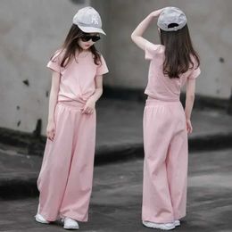 Clothing Sets Clothing Sets Summer girl casual cotton 2 pieces Midriff nude T-shirt+pants set for teenagers and girls 5-13 years girl clothing girl clothing WX5.23
