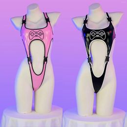 Bras Sets Hollow Out High Slit Patent Leather Swimsuit Backless Halter Underwear Jumpsuit Cosplay Costume Girls Women Uniform Temptation