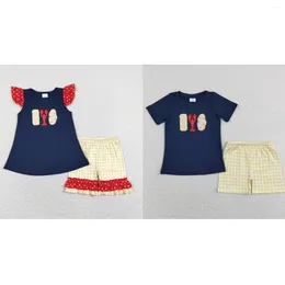 Clothing Sets Wholesale Kids Children Summer Outfit Short Sleeves Embroidery Crawfish Navy Blue Tunic Toddler Plaid Shorts Baby Boy Girl Set