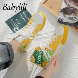 Fitness Shoes Summer Women 2024 Casual Sneakers Yellow Lemon Print Ladies Flats Korean Version High-top Canvas Sport Woman Running Lace