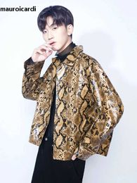 Men's Jackets Mauroicardi Spring and Autumn Loose Cool Shiny Colored Snake Skin Print Pu Leather Jacket for Mens Luxury Designer Clothing Street Twear Q240523