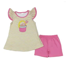 Clothing Sets Wholesale Kids Children Short Sleeves Embroidery Tunic Stripes Tops Outfit Toddler Pink Shorts Summer Baby Girl Two Pieces Set