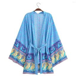 Women's Suits Cotton Water Animal Printed Waistband And Kimono For Long Sleeved Lace-up Casual Japan Style Raglan Sleeve