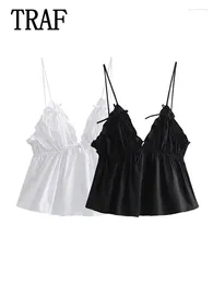 Women's Tanks Women Off Shoulder Camisole Tops Solid Ruffle Tank Top Sexy Translucent Front Tie Cropped Summer Sweet