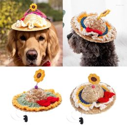 Dog Apparel Pet Straw Hat Costume Hats With Knit Flower Adjustable Drawstring Chin Strap 69HF