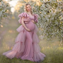 Party Dresses V Neck Maternity Gowns For Po Shoot Dusty Pink Sleeveless Gala Robes Tiered Ruched Babyshower Women Dressing