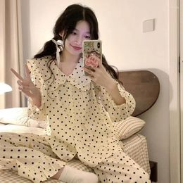 Women's Sleepwear Polka Dot Women Pyjama Sets Pants 2 Pieces Ruffles Piiama Korean Style Full Sleeve Spring Night Wears Home Suit