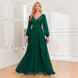 Party Dresses Elegant Green Full Sleeves A Line Evening Dress Floor Length V Neck Shiny Sequin Chiffon Monther Of Birdal Wedding Gowns