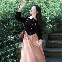 Casual Dresses French Hepburn Style For Women Vintage Velvet Patchwork Long Sleeve Fashion Dress Autumn Doll Neck Sweet Elegant Vestido