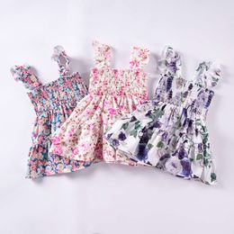 New Baby Girl Casual Print Kids Summer Clothes Keyhole Ruffle Trim Pleated Dress Cheap Drop