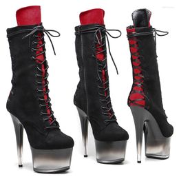 Boots Leecabe 17CM/7inches Suede Upper Black With Red Colour Fashion Dancing Party High Heel Platform Pole Dance Boot