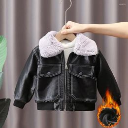 Down Coat Winter Thick Warm Velvet Kids Coats 2024 Fashion Boys Black Leather Biker Jackets Trend Outerwear 2-8Y Children Clothes