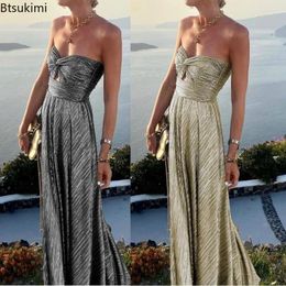 Casual Dresses 2024Women's Elegant Club Party Sexy Chest Wrapping Gold Stamping Long Dress INS Big Swing For Evening