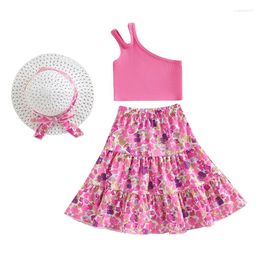 Clothing Sets 3-7Y Children Kids Baby Girls Clothes Toddler Outfits Summer Solid Colour Sleeveless One Shoulder Tops Floral Skirt Hat