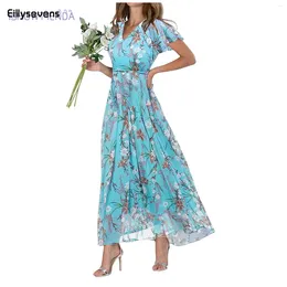 Casual Dresses Vestidos Para Mujer Women 2024 Women'S Swing Long Dress Chiffon Floral Short Sleeve Ruffle V Neck Fashion Waist Flowy