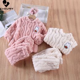 New 2023 Autumn Winter Kids Thicken Soft Flannel Pamas Baby Boys Girls Cartoon Rabbit O-neck Warm Sleeping Sets Pyjamas L2405