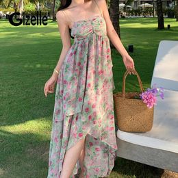 Casual Dresses Gizelle High Quality Women Summer Spaghetti Flower Print Elegant Ladies Sleeveless Vacation Party Chic Mujer Clothing Z
