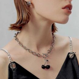 Pendant Necklaces Punk Red Cherry Pendant Necklace Y2k Necklace Earring Chain Suitable for Women Summer for Ball Stainless Steel Jewellery S2452206