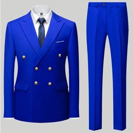 Fashion Mens Casual Boutique Double Breasted Suit Trousers Mans Business Jacket Blazers Coat Pants 2 Pcs Set 240513