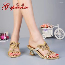 Slippers G-SPARROW 2024 Gold Elegant Diamond Fashion High Heels Pump Thick Heel Ladies Shoes Large Sizes Online