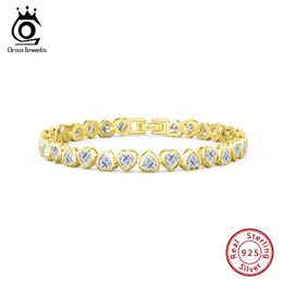 ORSA JEWELS Elegant 925 Sterling Silver Heart Cut 4A Zircon Tennis Bracelet for Women 14K Gold CZ Hand Chain Party Jewellery SB165 240517