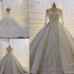 Modest Long Sleeve Ball Gown Wedding Dresses Bridal Gowns Sheer Jewel Neck Lace Appliqued Sequins Plus Size Robe De Mariee Custom Made 257O