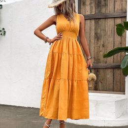 Casual Dresses Summer Elegant Dress Women Sleeveless High Waist Holiday Fashion V Neck Pleated Solid Colour Party Long Maxi