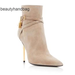 Tom Fords padlock pointy thin heel brand Luxury designer boot woman boot women and gold heeled ankle toe dress wedding boots party gift with box