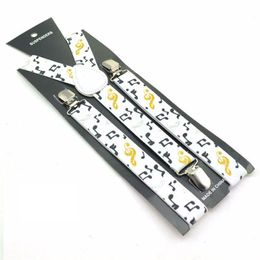 Winfox Vintage Black White Mens Trouser Suspenders Male Women 2.5cm Wide Music Note Print Braces Elastic Suspenders Suspensori