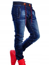 Autumn Winter Mens Fashion Trends Jeans Straight Denim Trouers Classic Style Patchwork Pants Elastic Waistband Slim 240523
