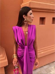 Casual Dresses Fashion V Neck Pleated Long Evening Dress For Women Summer Sleeveless Split Vestidos Ladies Party Prom 2024