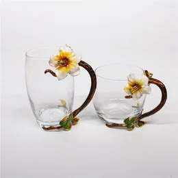 Mugs Enamel Coffee Mug With Yellow Handgrip And Rhinestones Decorated Flower Design Drinking Glass Cups Mother's Gift F2