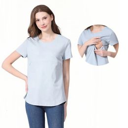 Summer Maternity Clothes Breastfeeding Tops Shortsleeve Cotton Lactation Tshirt Zip Nursing Tees For Pregnant Women Big Size 5XL 240524