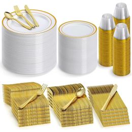 600 pieces of disposable gold plastic tableware capable of accommodating 100 guests including 100 meal plates and 100 salad plates 240521