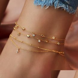 Anklets Bohemian Mtilayer Rhinestone Heart For Women Gold Cross Pendant Anklet Ankle Bracelet On Leg Y Jewelry New Drop Delivery Otlwm