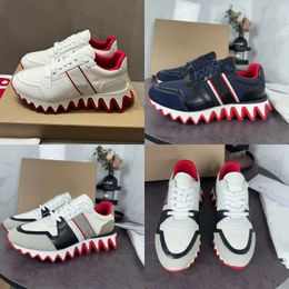 Couples Designer Shoes Women Sneakers Calfskin Bilayer Canvas Mens Trainers Red Shiny Bottom Three Colour Ribbon Casual Shoe Shark Teeth Rubber Top Mirror Quality