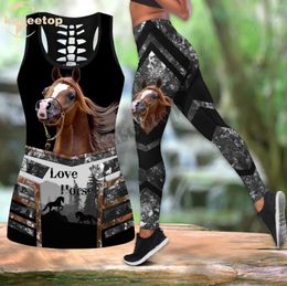 Women's Tanks Love Horse Tank Top 3D Print Women Two Piece Yoga Set Vest Hollow Combo Legging Waist Sport Fitness Quick Dry LK313