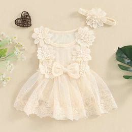 5 Colors Infant Baby Girls Summer Princess Romper Dress Sleeveless Lace Floral Tulle Patchwork Jumpsuits with Headband
