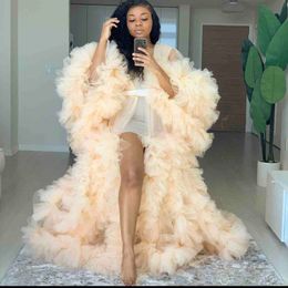 Women Illusion Ruffles Bridal Jacket Tulle Long Sleeve Winter Sexy Kimono Pregnant Party Sleepwear Bathrobe Sheer Nightgown Robe Shawel 300a