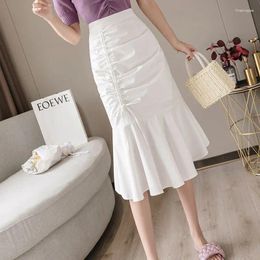 Skirts Temperament Summer Ladies A-line Skirt Fashion Solid Colour High Waist Pleated 2024 Elegant Drawstring White Women's Clothing