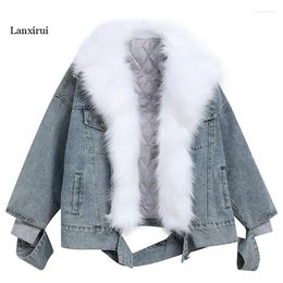 Women's Jackets Large Size Plus Velvet Padded Korean Version Big Fur Collar Winter Warm Women Denim Jacket Short JK230