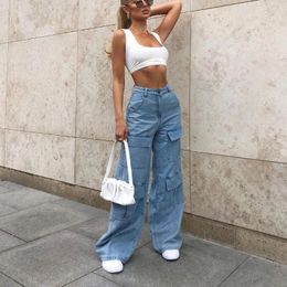 Women's Jeans Fashion Women Straight Mom Big Pocket Cargo Pants Vintage Mopping Casual Streetwear Boyfriend Denim