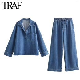 Women's Two Piece Pants Women Fashion Spring Long Sleeve Lapel Denim Shirt Blouses Chic Casual Wear Elastic Waist Wide Leg Jeans 2pc